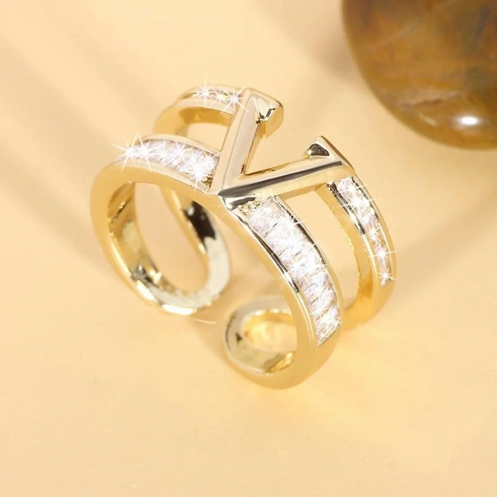 Elegant Luxe Gold Plated V Ring Zircon Adjustable Cocktail Ring